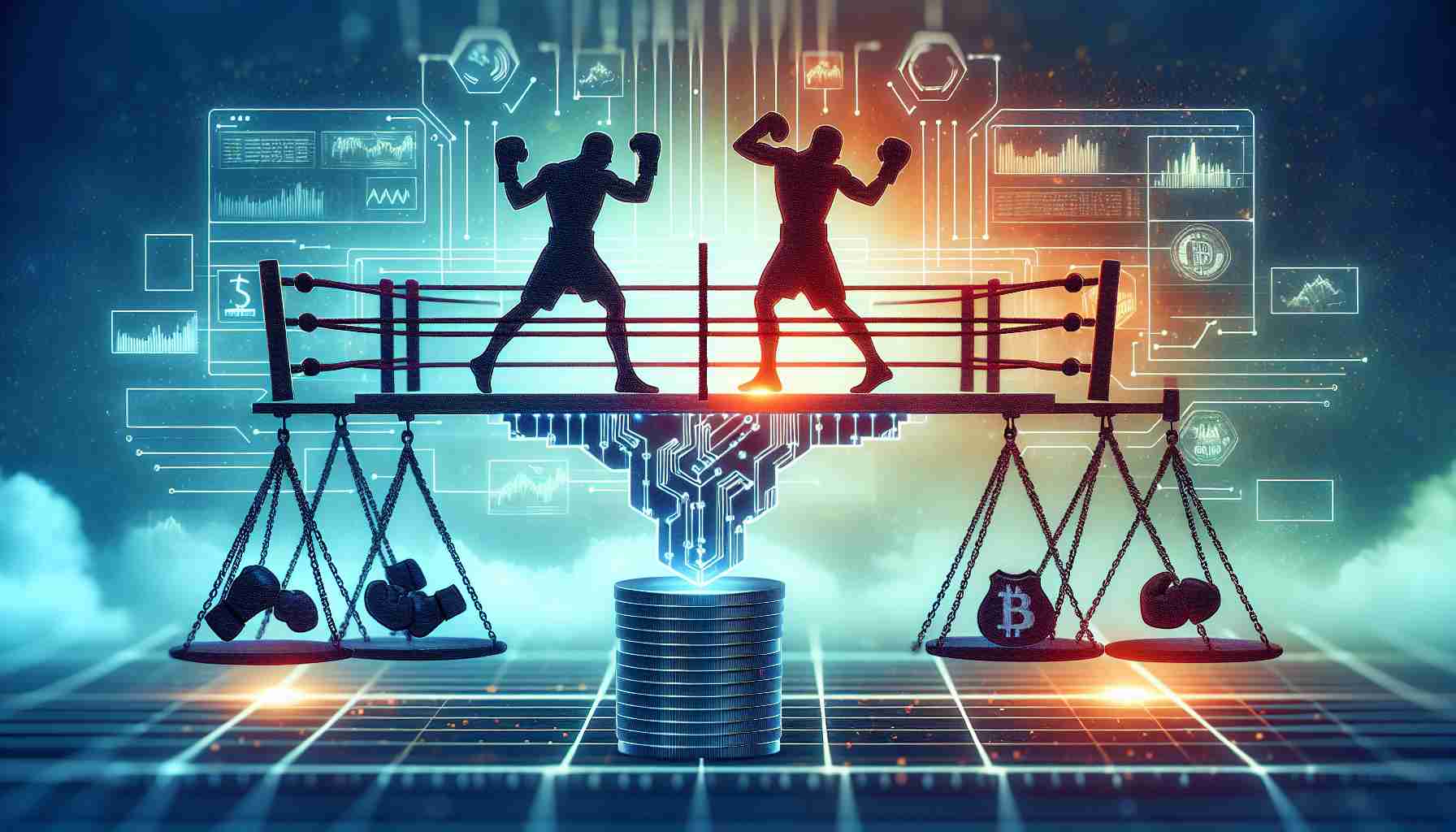 An high-definition image illustrating the concept of blockchain technology providing solutions to challenges in the boxing industry. The image visualizes this through a symbolic representation of boxing elements, such as a boxing ring, gloves, and a digital ledger representing the blockchain. Balancing these elements might be metaphoric silhouettes, demonstrating both the struggle and success the boxing industry could experience from blockchain technology.