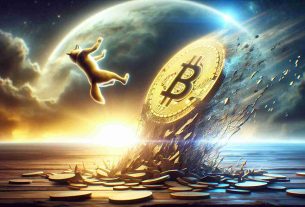 Create a realistic high-definition image of a physical representation of the Dogecoin cryptocurrency visibly falling or tumbling down, with an aura of hope and resilience in the backdrop to signify that hope for a rally or recovery persists.