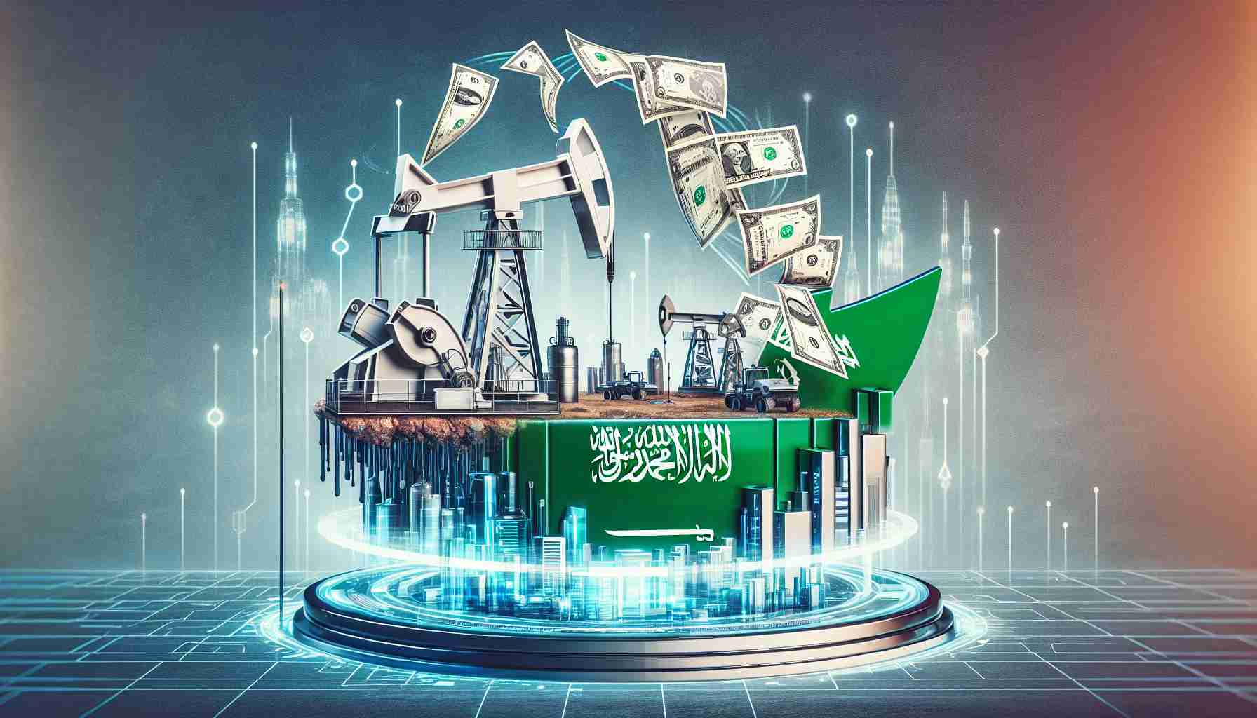 A high-definition, realistic image showing the symbolic representation of Saudi Arabia transitioning away from the Petrodollar. It can depict various symbols such as petroleum oil pumps, Saudi Arabian flag, paper dollars being replaced with a futuristic form of currency, maybe digital or abstract. Also add a backdrop suggesting the future, possibly with technological elements or advanced cityscape.