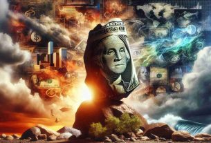 Generate a high-definition, realistic representation of the strength and durability of the US Dollar amidst global economic challenges. The image could embody symbols of fortitude like a stone or an unyielding tree, with the U.S. Dollar being depicted as a lively, powerful entity that is able to withstand major economic downfalls. The backdrop could contain symbolic representations of various global economies in turmoil, perhaps through symbols like stormy seas or a setting sun. The image aims to encapsulate the resilience and robustness of the U.S. Dollar in the face of adversity.