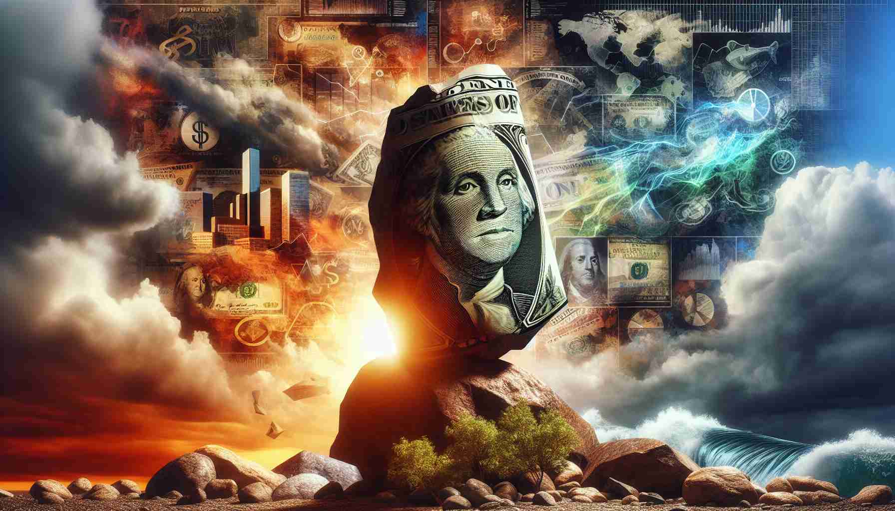 Generate a high-definition, realistic representation of the strength and durability of the US Dollar amidst global economic challenges. The image could embody symbols of fortitude like a stone or an unyielding tree, with the U.S. Dollar being depicted as a lively, powerful entity that is able to withstand major economic downfalls. The backdrop could contain symbolic representations of various global economies in turmoil, perhaps through symbols like stormy seas or a setting sun. The image aims to encapsulate the resilience and robustness of the U.S. Dollar in the face of adversity.