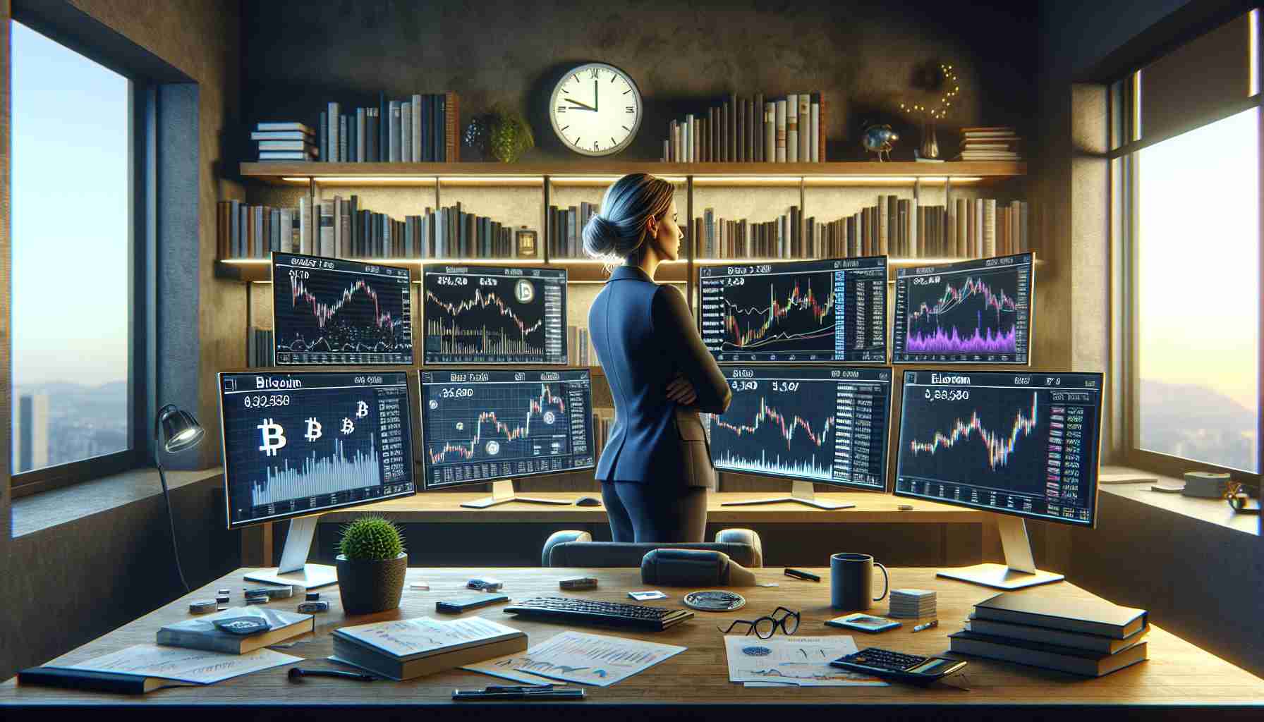 Generate a high-definition, realistic image representing long-term investment strategy in cryptocurrency for sustainable wealth. The scene features a financial analyst, a Caucasian woman in a business suit, looking at multi-monitor setup displaying various cryptocurrency market graphs, with Bitcoin, Ethereum, and other prominent coins. A digital clock in the background shows times in different markets around the world. The bookshelves hold an array of books about finance and cryptocurrency. The table is strewn with paper reports of various investments, coffee mugs, and a desk plant for a hint of green. The room is lit with soft, indirect lighting.