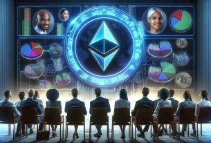 A high-definition image capturing the sense of anticipation surrounding the possibility of Ethereum ETFs. The center of the image features a large, symbolic Ethereum logo. Surrounding it, a diverse group of individuals looking eagerly at the logo - perhaps an African, female stock trader, a caucasian, male investor, and a Hispanic, female financial advisor. The backdrop includes financial graphs and charts implying ongoing SEC deliberations. Please compose this scene as realistically as possible.