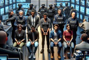 Realistic high-definition image featuring a fictional scene where an international group of individuals involved in a cryptocurrency theft ring are apprehended by law enforcement officials. The scene should depict diverse ethnicity of the individuals including Caucasian, Hispanic, Black, Middle-Eastern, and South Asian. Incorporate different genders in both groups - the culprits and the law enforcement officers. Place the scene in an environment typically associated with virtual crime like a high-tech lab with various equipment. Ensure details that symbolize justice such as handcuffs and law enforcement badges.