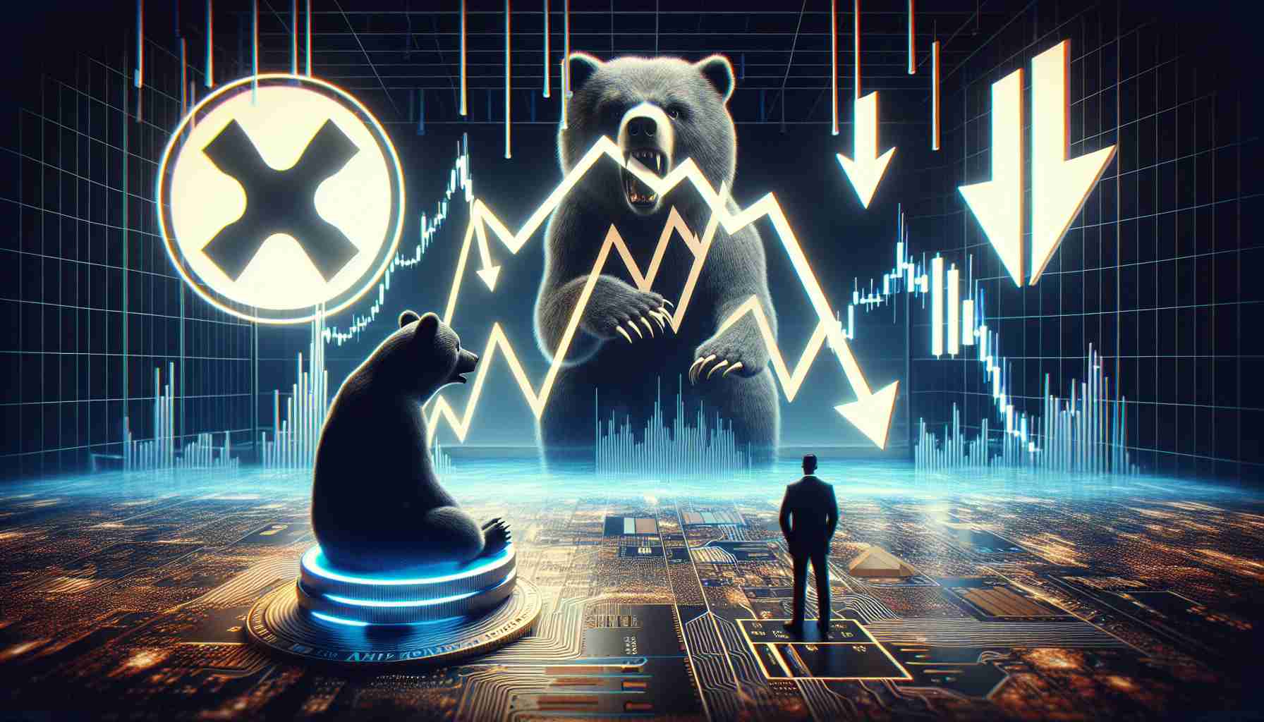 A highly detailed, realistic image showing the concept of the cryptocurrencies XRP and ADA under heavy short-selling pressure. This could be represented through symbols such as downward pointing arrows or charts trending downwards. The XRP and ADA logos, a bearish trader, and a tense atmosphere should be key elements of the scene.