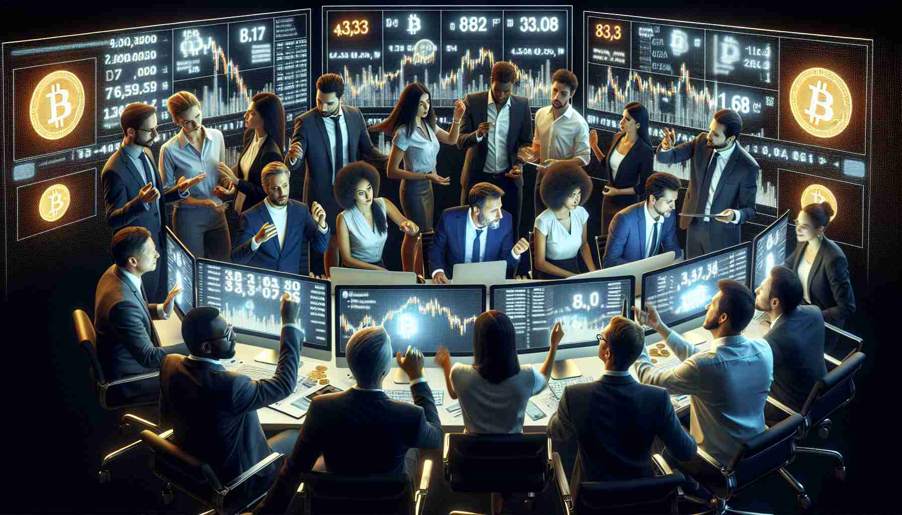 A high-definition, realistic image depicting a diverse group of investors rallying to accumulate Bitcoin during a market dip. The scene contains several people of different descents such as Black, Caucasian, Hispanic, Middle-Eastern and South Asian gathered around screens displaying cryptocurrency statistics and graphs representing Bitcoin's value. They are intensely focused, communicating and collaborating, perhaps strategizing on how best to capitalize on the dip in the market. They're diverse in their professional dress code too - some are in formal clothing, others in business casual. Screens glow with fluctuating numbers and charts, symbolizing the dynamic nature of cryptocurrency trading.