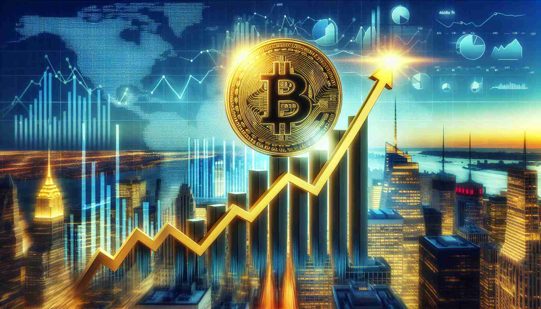 Generate a high-definition, realistic image that visualizes the increasing prominence of Bitcoin Exchange-Traded Funds (ETFs) in top U.S. hedge funds. The image could signify a metaphorical ascent, perhaps with graphs and charts depicting upward trends and growth. It might also include symbolic representations like a golden Bitcoin symbol soaring above the skyline of a financial district.