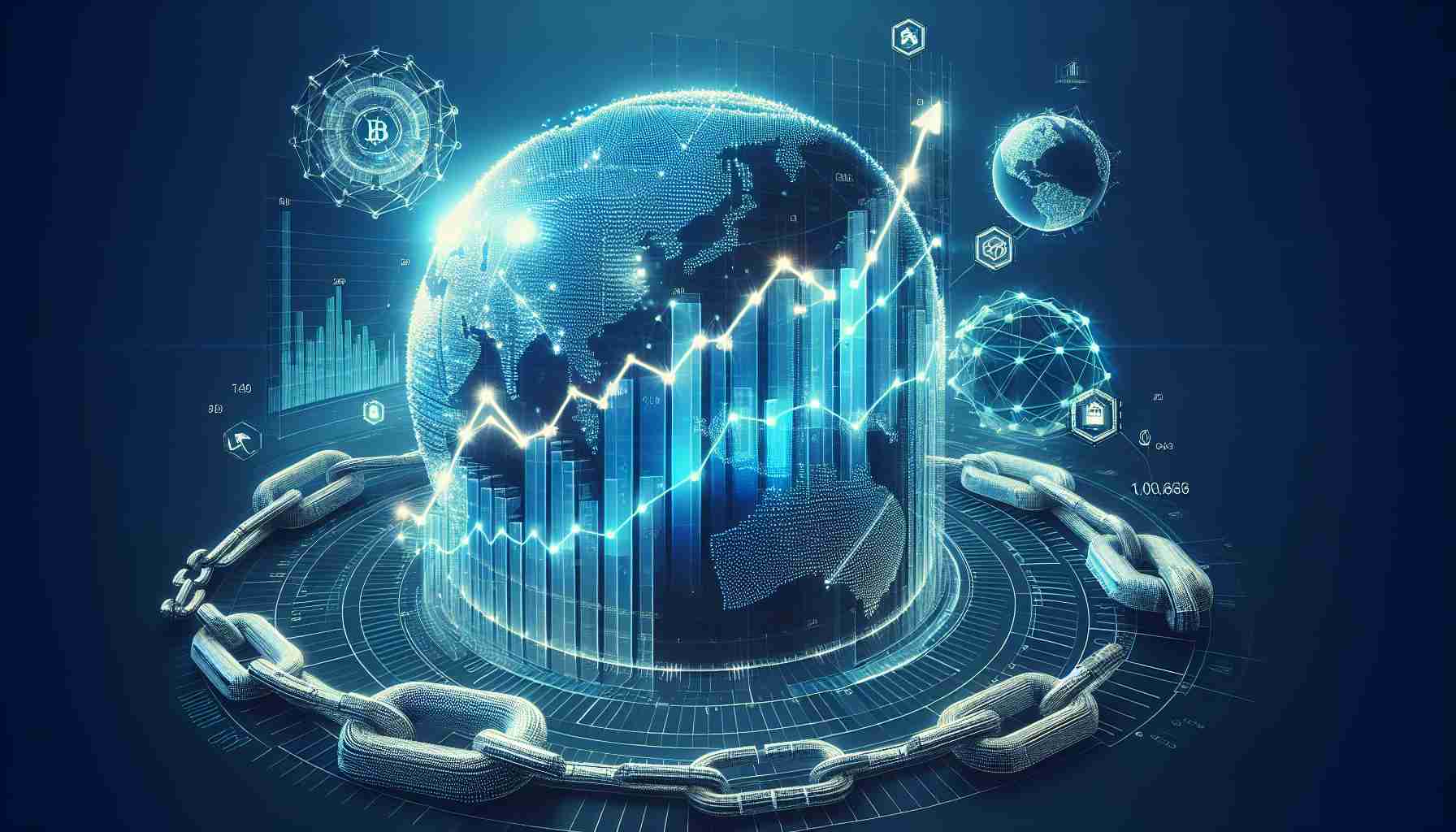 Create a high-definition, realistic image that represents the surge in blockchain initiatives among major global corporations. The image should show digital waves or graphs symbolizing upward trend and have some elements like chain links to symbolize blockchain. Possibly also incorporate globe or map to indicate global scale of these endeavors.