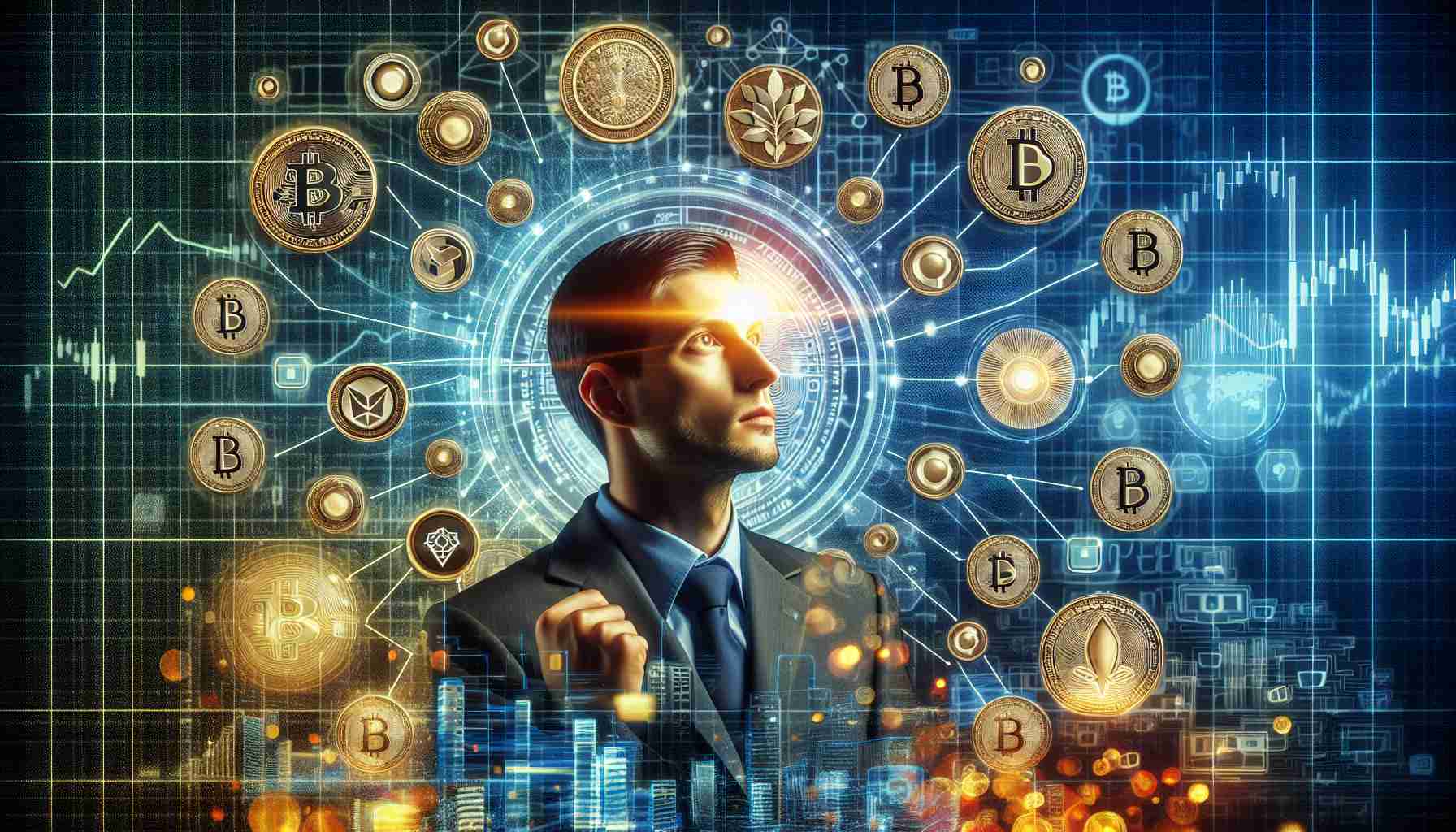 High definition image presenting the concept of a promising future of cryptocurrency, as analyzed by a fictitious crypto expert. The image may include a variety of cryptographic symbols and elements, such as coins, codes, and graphs, all oriented towards a positive and flourishing future. Importantly, it should capture a sense of optimism and prosperity, in line with the expected predictions and analysis of the hypothetical character, a successful crypto analyst.