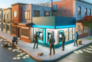 Generate a realistic, high definition image depicting a scenario where unidentified persons are attempting fraudulent activities at cryptocurrency ATMs in a mid-sized city environment. Capture the essence of a suburban neighborhood with varied building aesthetics and highlight the ATM machines which are designed for digital currency transactions.