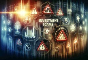 Create a highly detailed and realistic image which depicts the concept that 'Investment Scams' are the primary dangers in the year 2023. This image should include a notional list of hazards for the year, with 'Investment Scams' clearly marked at the top of this list. Incorporate iconography associated with finance, notably investments, to indicate the context and threat of investment scams. Evoke a sense of wariness and caution, and employ visual elements such as red warning signs and downward-trending graphs to communicate the idea of risk.