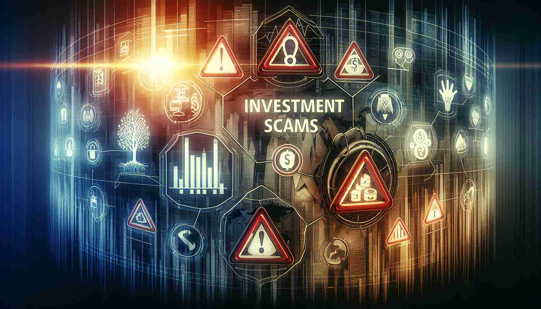 Create a highly detailed and realistic image which depicts the concept that 'Investment Scams' are the primary dangers in the year 2023. This image should include a notional list of hazards for the year, with 'Investment Scams' clearly marked at the top of this list. Incorporate iconography associated with finance, notably investments, to indicate the context and threat of investment scams. Evoke a sense of wariness and caution, and employ visual elements such as red warning signs and downward-trending graphs to communicate the idea of risk.