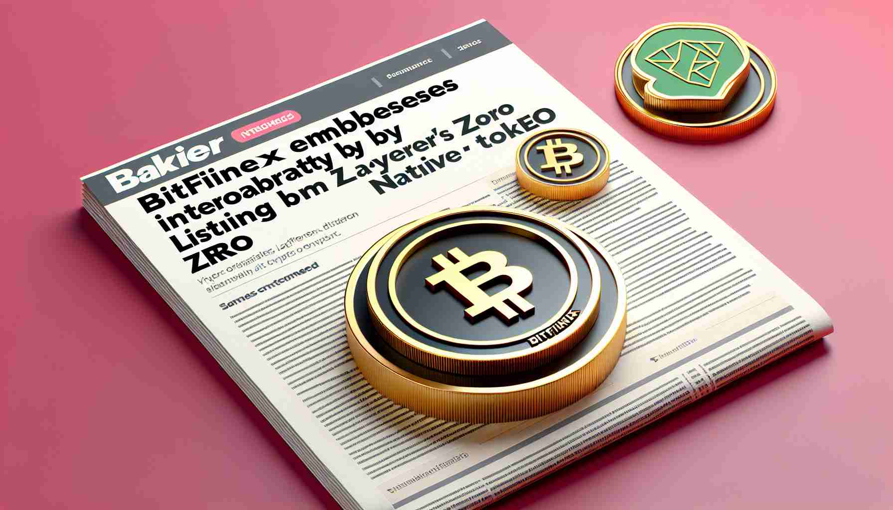 Generate a realistic high-definition graphic representation of a news headline indicating 'Bitfinex Embraces Interoperability by Listing LayerZero’s Native Token ZRO'. Ensure the image represents a headline from a well-known, reputable news outlet focused on cryptocurrency news. The logo of Bitfinex, symbol of interoperability, and a representative image for ZRO token should be included without violating copyright norms.