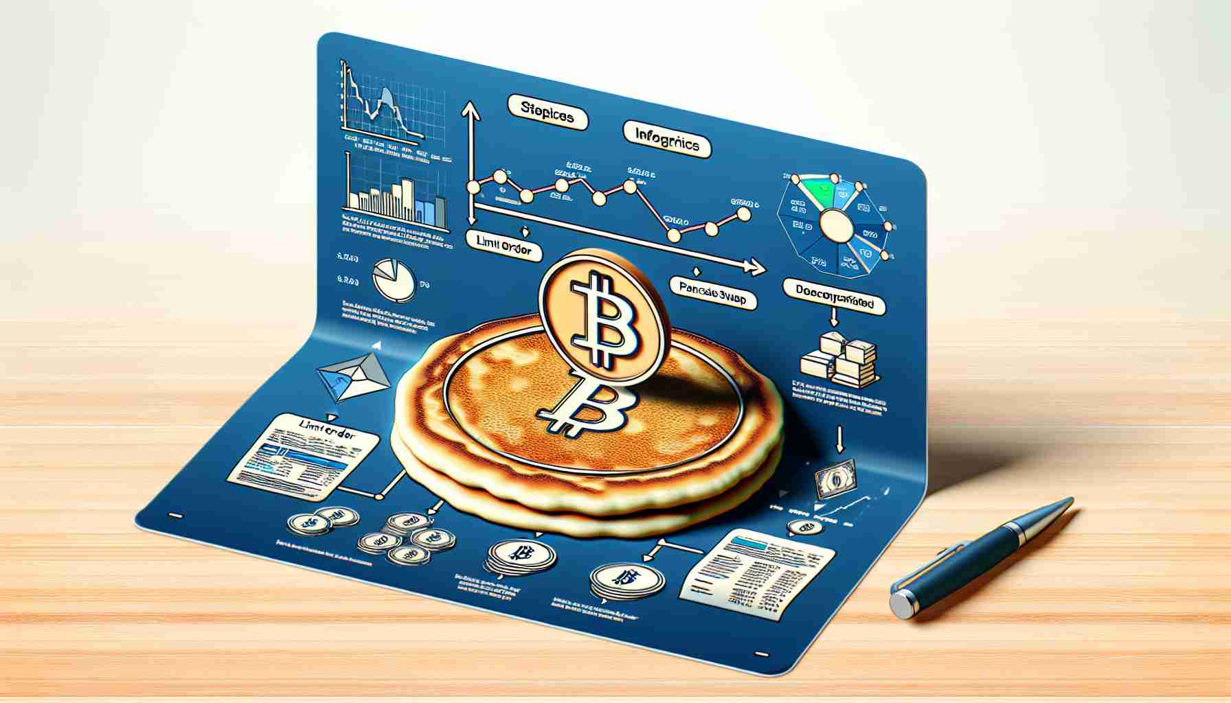 Visualize a high definition, realistic image of a guide detailing how to master limit orders for strategic trading on a decentralized cryptocurrency exchange platform, represented by a metaphorical pancake swap symbol. The guide can include steps, infographics, and some data showing the effectiveness of limit order strategies.