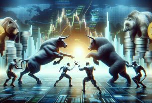 A realistic, high-definition image of an intense, symbolic representation of Bitcoin's value fluctuations. There two primary groups present: one represented as bulls, signifying a positive market trend, and the other as bears, indicating a likely downturn. The battlefield setting consists of futuristic digital landscapes with towering graphs and charts of Bitcoin's price in the backdrop. The bulls and bears are engaged in a heated struggle, symbolising the push and pull of market forces. This image does not feature any specific individuals or real-world locations, focusing purely on the abstract concept of market volatility.