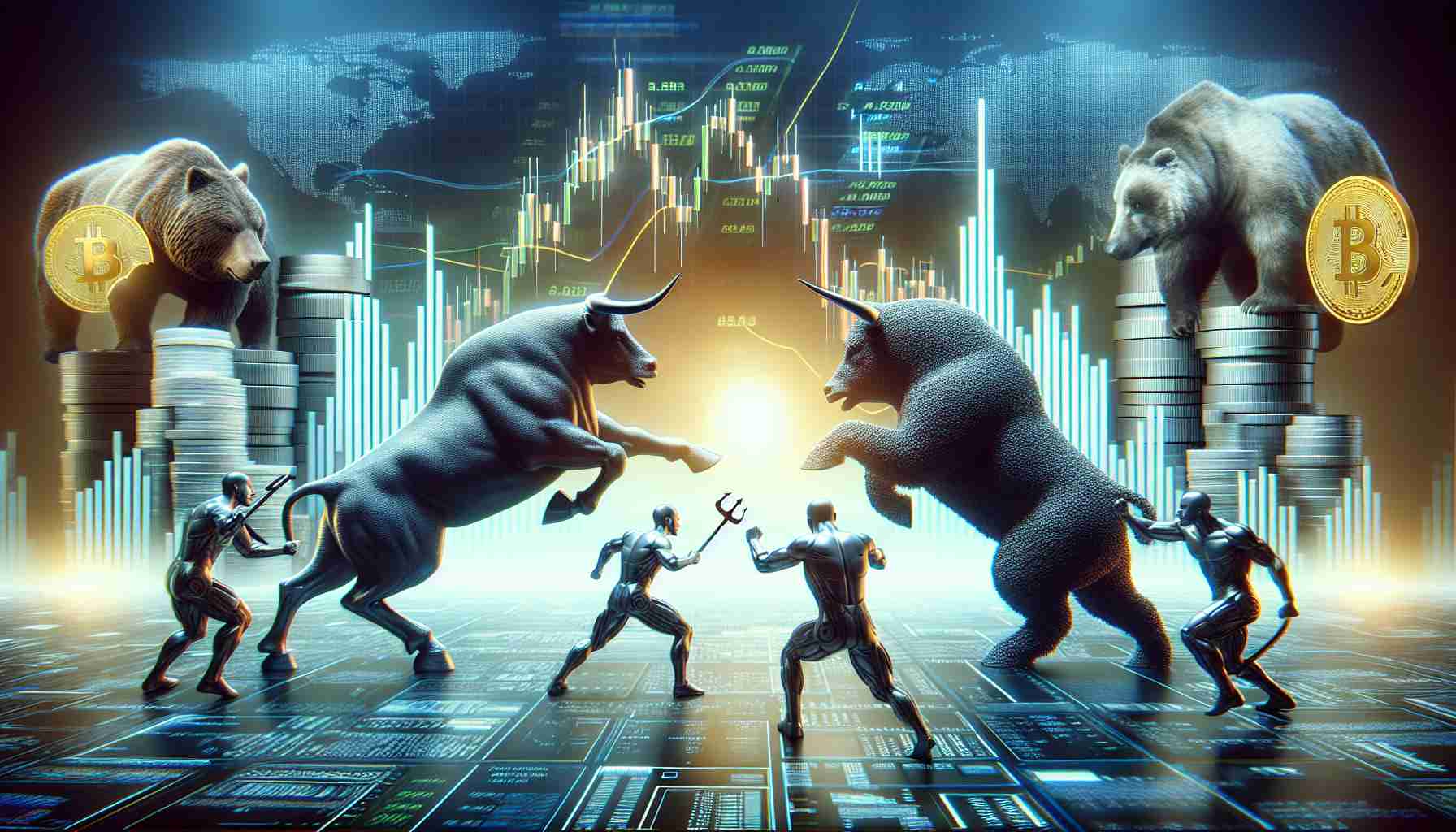 A realistic, high-definition image of an intense, symbolic representation of Bitcoin's value fluctuations. There two primary groups present: one represented as bulls, signifying a positive market trend, and the other as bears, indicating a likely downturn. The battlefield setting consists of futuristic digital landscapes with towering graphs and charts of Bitcoin's price in the backdrop. The bulls and bears are engaged in a heated struggle, symbolising the push and pull of market forces. This image does not feature any specific individuals or real-world locations, focusing purely on the abstract concept of market volatility.