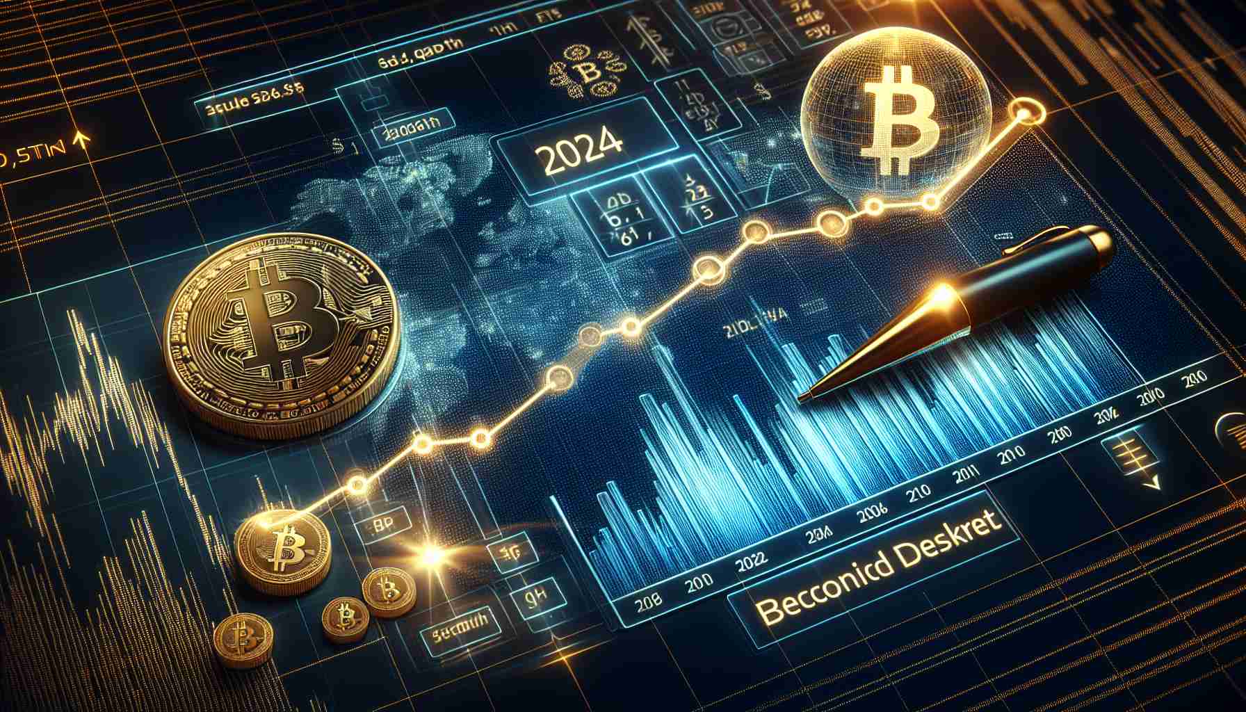 Create a high-definition, realistic image depicting the concept of Bitcoin experiencing a significant decline during the second quarter of 2024. The image should include a graph with the timeline running through 2024, specifically focusing on the second quarter. The trajectory of the graph line should portray a notable downturn to represent the decline of Bitcoin. Additional elements may include symbolic representations of financial distress, such as a bear market icon, but should not overshadow the main focus which is the Bitcoin decline.