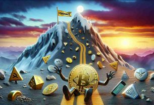 Realistic, high-definition depiction of market fluctuations, portrayed metaphorically. A golden Bitcoin coin, personified with a shocked expression, trips and loses balance on a rocky path uphill, signifying its decline. A mountain named 'Dominance' with a flag at its peak stands tall in the background, representing its increasing command. Along the path, various symbolized assets fall, forming an avalanche, indicating widespread liquidation. The sky blends sunset's warmth with night's tranquility, depicting the relentless flow of time, the constant change in market conditions.