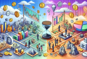 Create a detailed and realistic HD depiction showing the paradox of cryptocurrency's quest for mainstream success. Illustrate this abstract idea by using elements like digital tokens, market charts showing ups and downs, people from diverse descents and genders engaging with cryptocurrency. Miscommunication, uncertainty, and a quartz clock or hourglass to signify the 'time and patience' it often requires to achieve success.