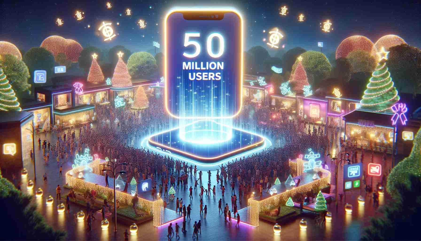 Create a highly detailed and realistic imagery that depicts the event of a groundbreaking Tap-2-Earn platform, named 'TapSwap', reaching a milestone of 50 million users. This scene could include a festive and celebratory surrounding, filled with vibrant decorations and digital elements symbolizing a large network of users interacting with the platform. There should also be a display of '50 Million Users' quoted visibly, possibly on a large digital billboard or screen, to highlight the milestone.