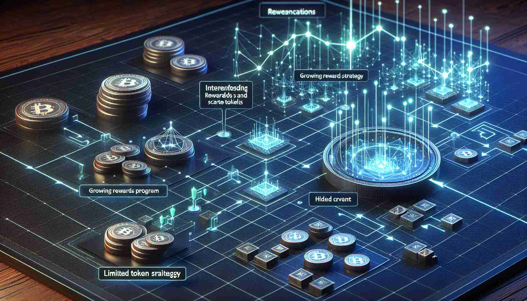 A detailed high-definition image showing an intensified rewards strategy and scarce token supply scheme connected to a fictional cryptocurrency called 'Notcoin'. This should involve a visualization of a growing rewards program, as well as representations of limited token availability. The overall presentation should be realistic and informative.