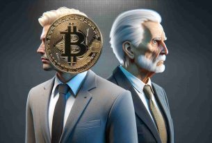 High-definition realistic image of a notable male political figure with blonde hair and a business suit, resonating with the concept of Bitcoin, contrasting with the skepticism of another senior male political figure with white hair and wearing a suit. The scene should symbolize the transition in national policies towards cryptocurrencies.