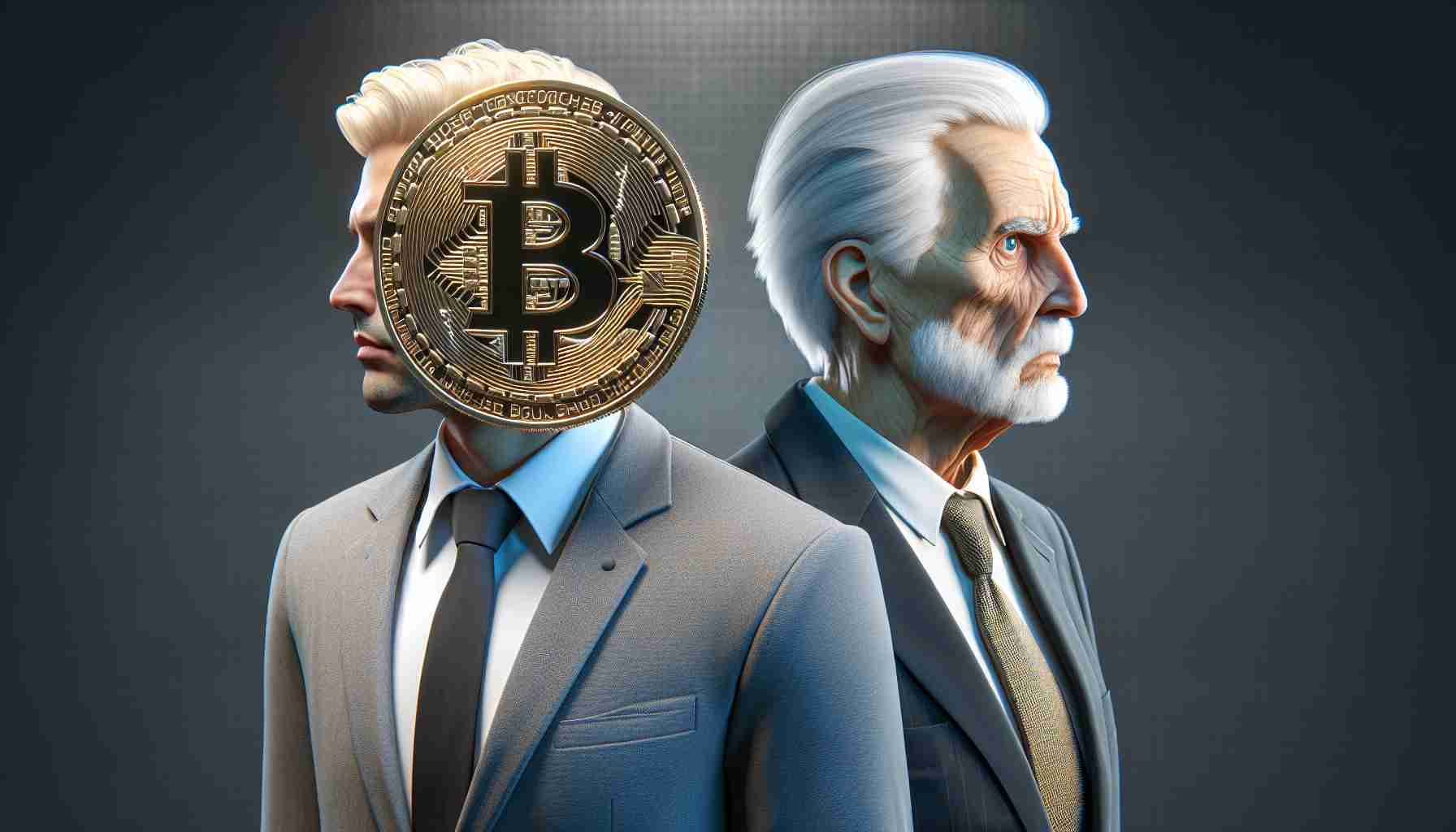 High-definition realistic image of a notable male political figure with blonde hair and a business suit, resonating with the concept of Bitcoin, contrasting with the skepticism of another senior male political figure with white hair and wearing a suit. The scene should symbolize the transition in national policies towards cryptocurrencies.