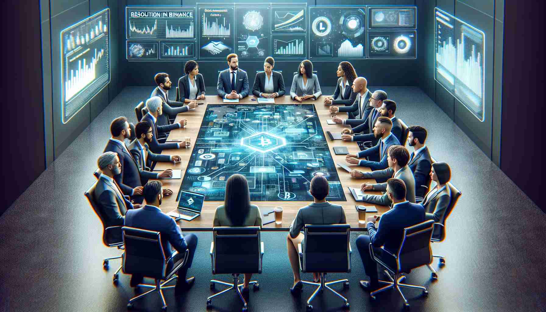 An impression of a conference table with diverse group of professionals around it. Men and women, of various descents like Caucasian, Asian, Black and Hispanic, wearing formal business attire are actively engaged in discussion. In the background, screens display digital graphs, charts, and diagrams related to 'Blockchain'. The center of the table holds a sign reading 'Resolution in Binance Dispute'. The scene should be rendered in realistic, high-definition quality.