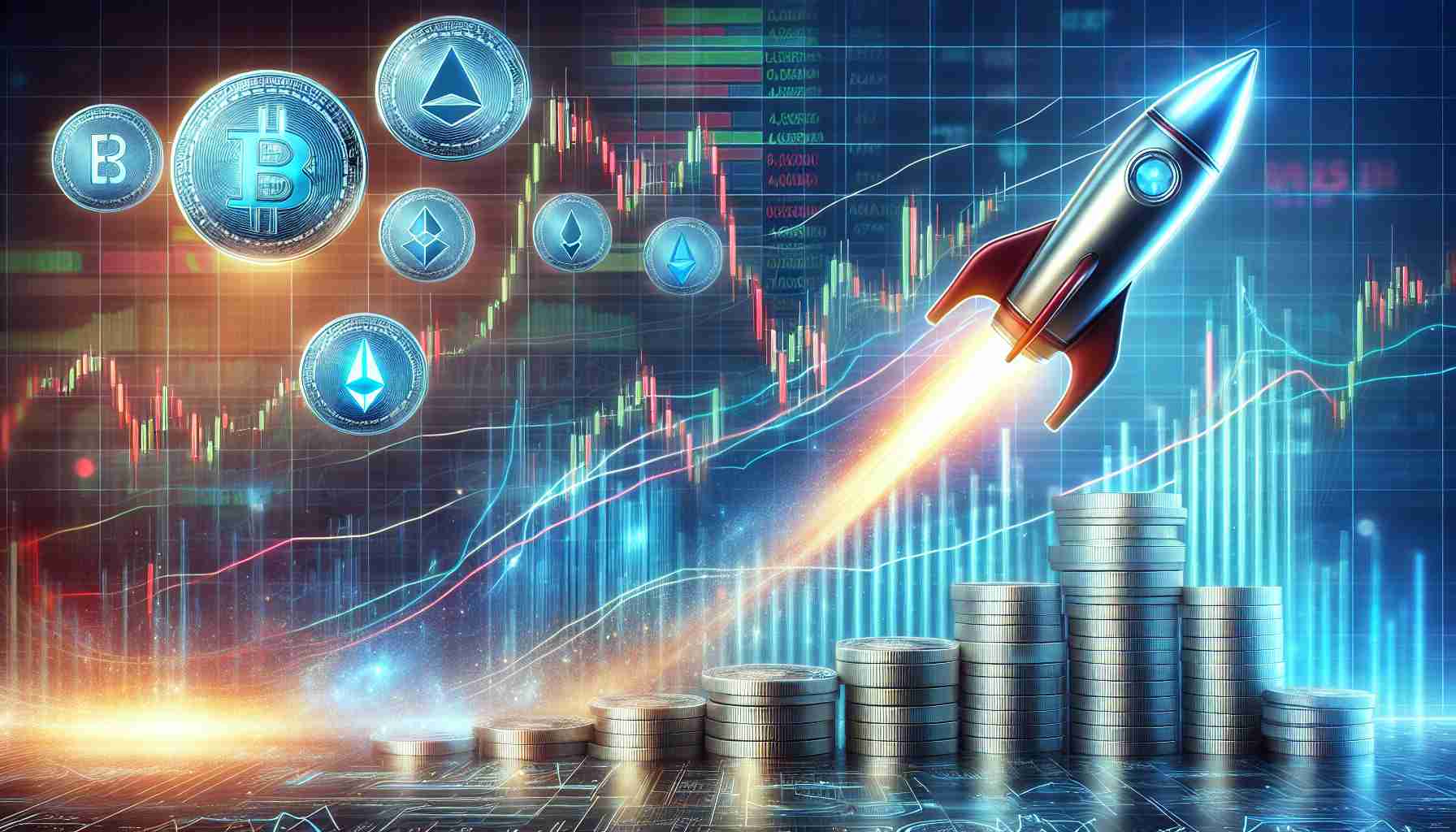 Generate an image that shows the DeFi altcoins Curve and Convex, metaphorically represented as rockets taking off, showing their potential to surge in value. The image should be realistic and in HD quality, set against a backdrop of financial charts and graphs that reflect a positive market trend