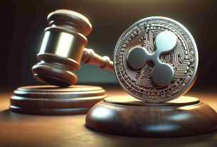 Realistic high-definition image of an abstract representation portraying the concept of a cryptocurrency, specifically Ripple, awaiting a penalty verdict. This is in the context of a breach of securities law as judged by an authoritative entity represented as a courthouse or gavel.