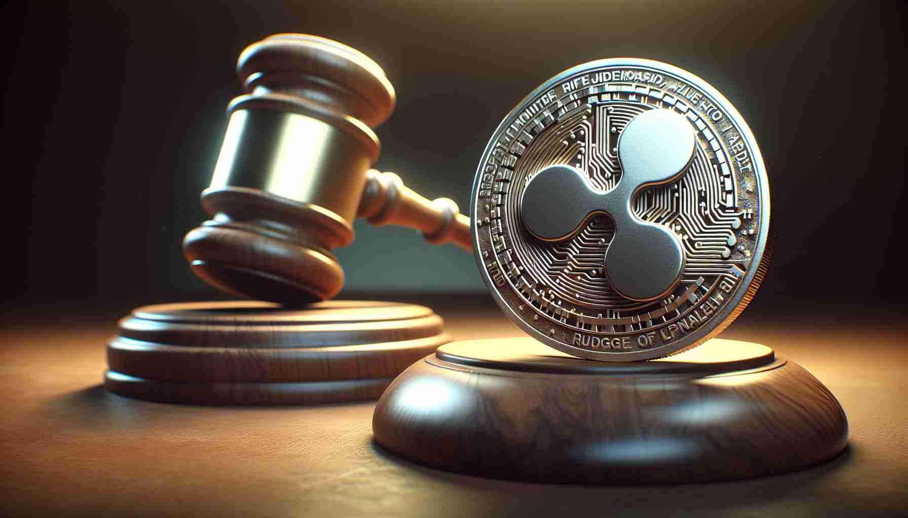 Realistic high-definition image of an abstract representation portraying the concept of a cryptocurrency, specifically Ripple, awaiting a penalty verdict. This is in the context of a breach of securities law as judged by an authoritative entity represented as a courthouse or gavel.