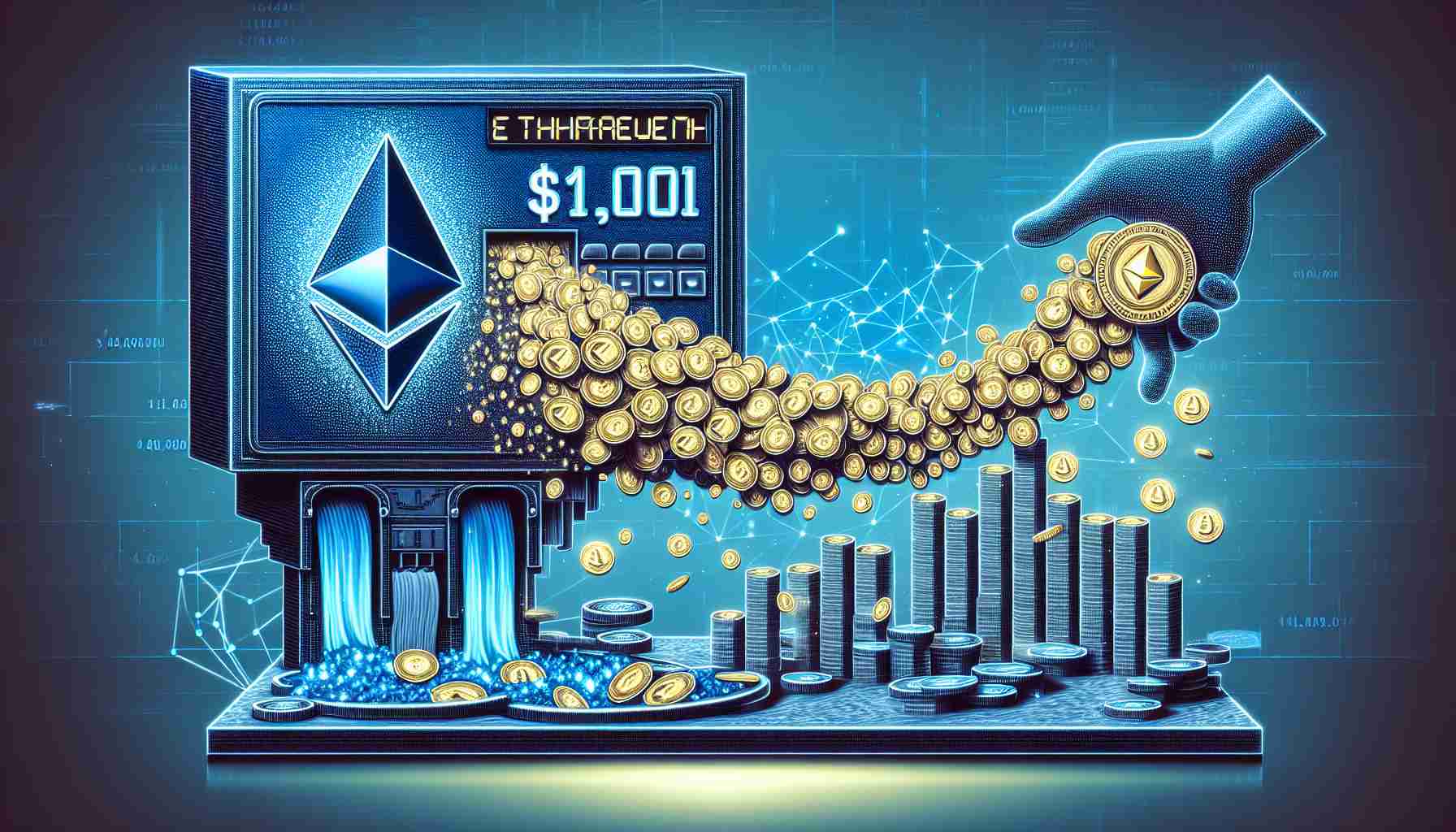 Generate a realistic High Definition photo that visually represents the concept of Ethereum witnessing substantial withdrawals from exchanges, surpassing $1 billion. The image can include symbolic representations like a stream of Ethereum coins flowing from a stylized representation of a digital exchange, with a mammoth digital counter showing the total amount withdrawn as over $1 billion.