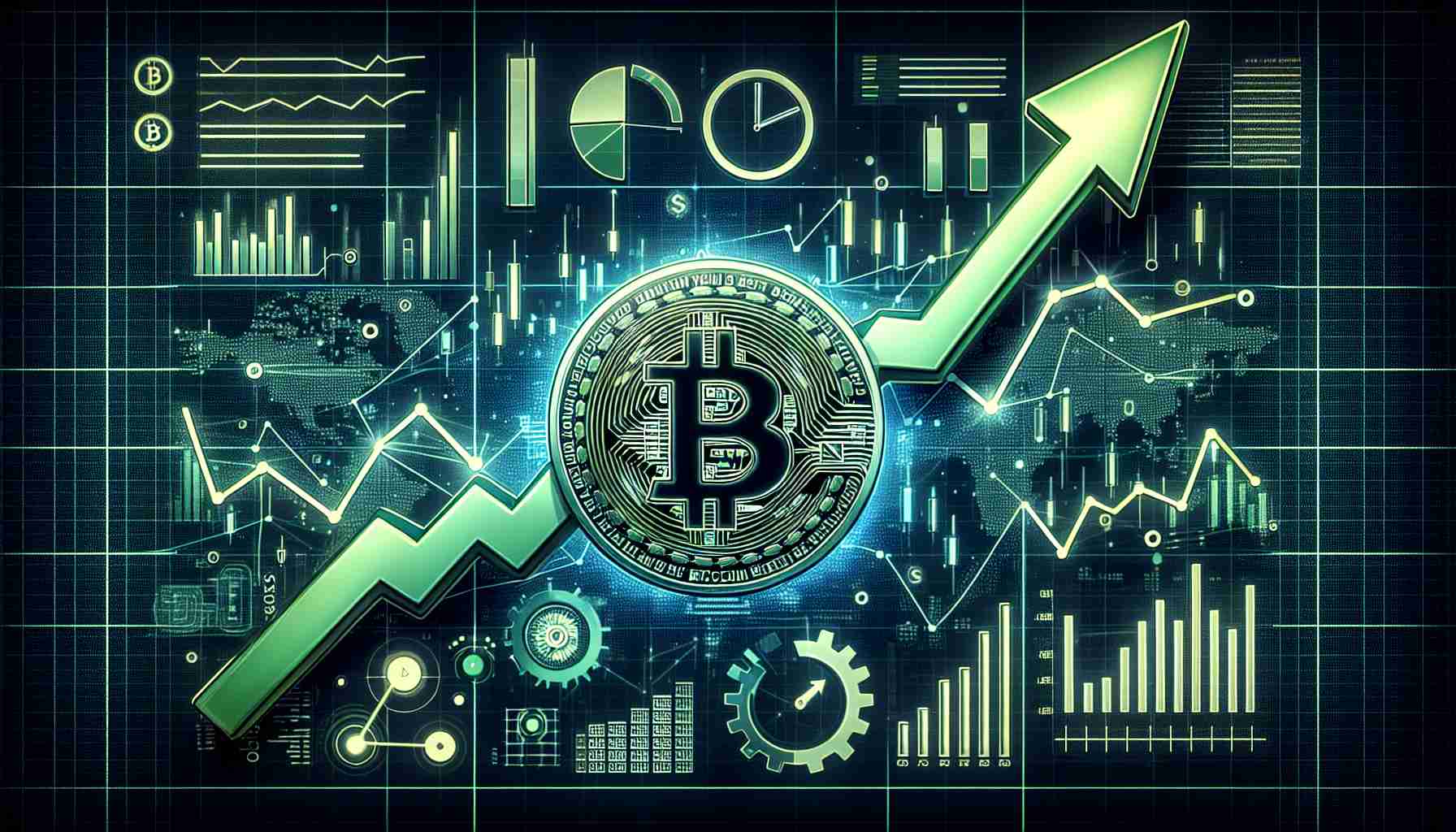 Generate a detailed and realistic high-definition image illustrating the concept of Bitcoin's bullish trend. This can be emphasized by using symbolic imagery such as green upward-pointing arrows, a graph with rising lines, or a Bitcoin logo surging upwards. Additionally, include visual indicators that can represent on-chain metrics and market signals, like charts, bars, data points, and numbers in positive color schemes.