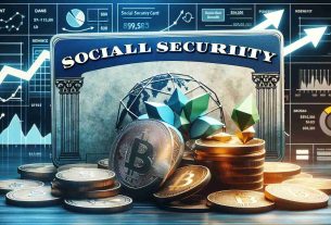 A detailed HD illustration visualizing the impact of cryptocurrency on social security benefits. The image can include a pile of coins symbolizing digital currencies such as Bitcoin, Ethereum, and Ripple. Beside it, there can be a faded image of a social security card to signify social security benefits. The connection between them can be represented by arrows or other visual cues to depict change, increase, reduction or overall impact. Use of charts, graphs or other infographic elements to provide further clarity can be added.