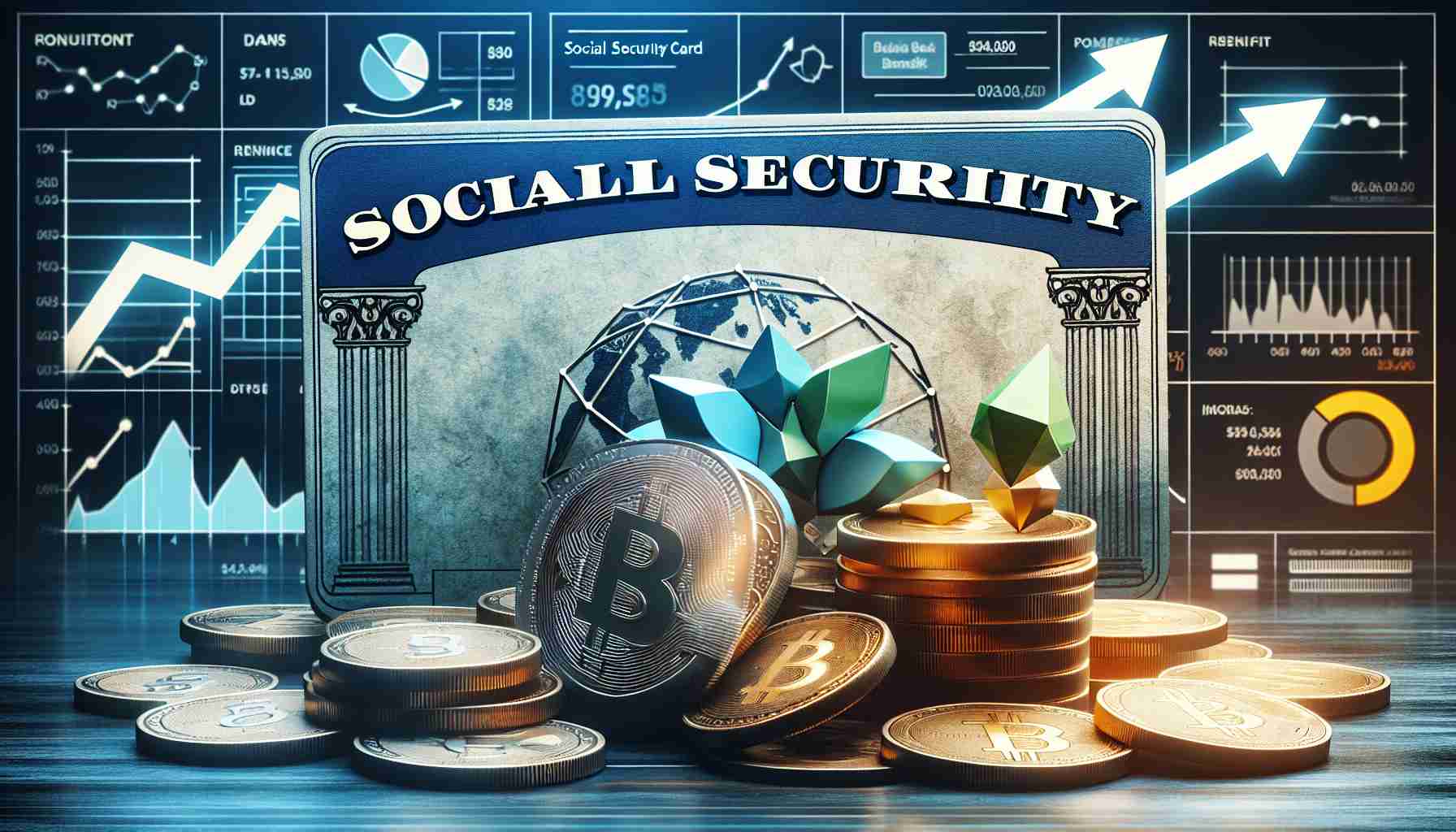 A detailed HD illustration visualizing the impact of cryptocurrency on social security benefits. The image can include a pile of coins symbolizing digital currencies such as Bitcoin, Ethereum, and Ripple. Beside it, there can be a faded image of a social security card to signify social security benefits. The connection between them can be represented by arrows or other visual cues to depict change, increase, reduction or overall impact. Use of charts, graphs or other infographic elements to provide further clarity can be added.