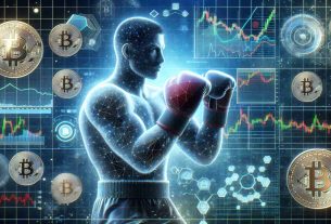 Generate a high-definition, realistic image of cryptocurrency endorsements stirring market movements, symbolized by a figure vaguely resembling a renowned kickboxing athlete. Showcase elements like virtual coins, graphs reflecting market changes, and digital interfaces to convey the concept.