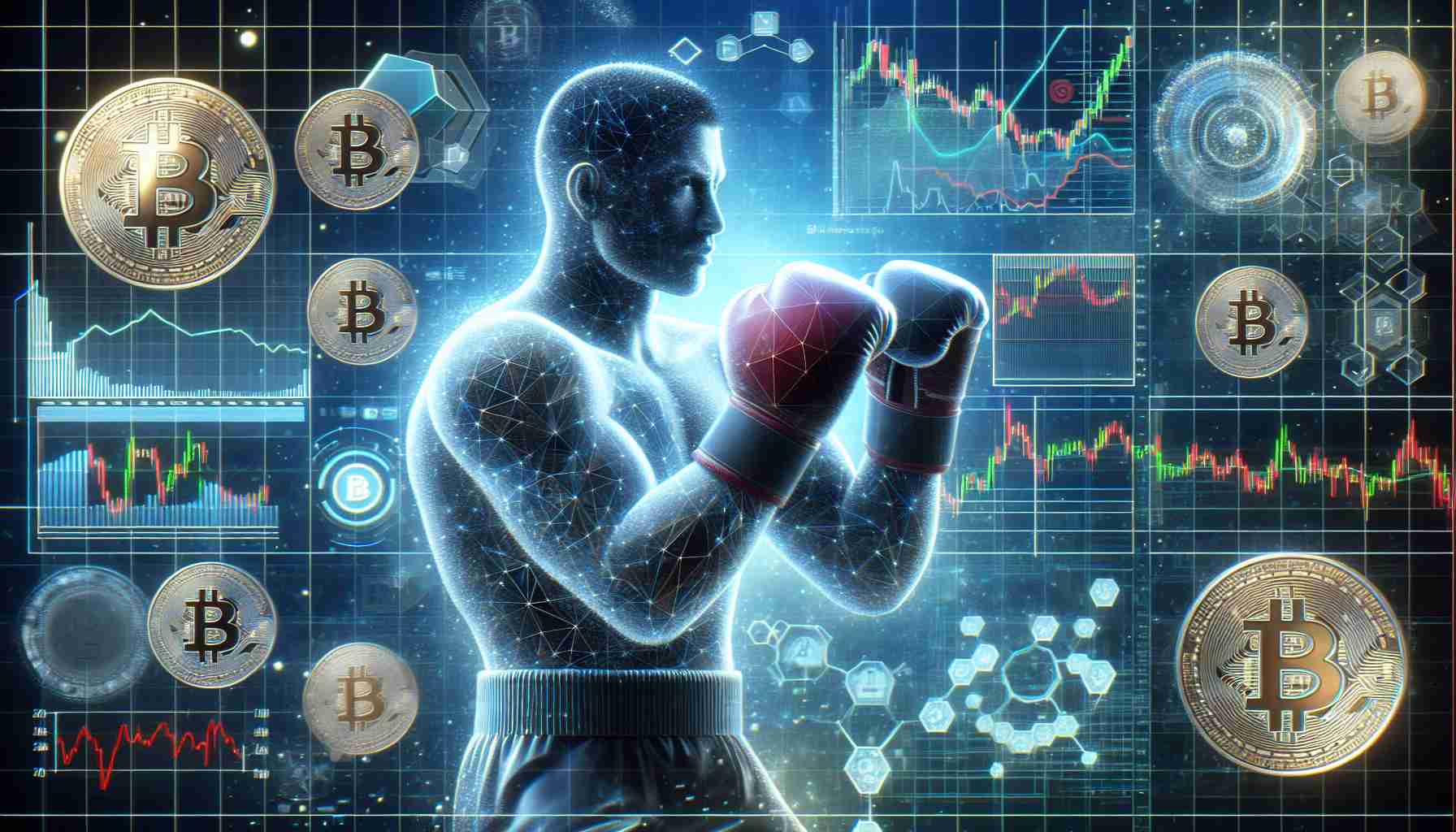 Generate a high-definition, realistic image of cryptocurrency endorsements stirring market movements, symbolized by a figure vaguely resembling a renowned kickboxing athlete. Showcase elements like virtual coins, graphs reflecting market changes, and digital interfaces to convey the concept.