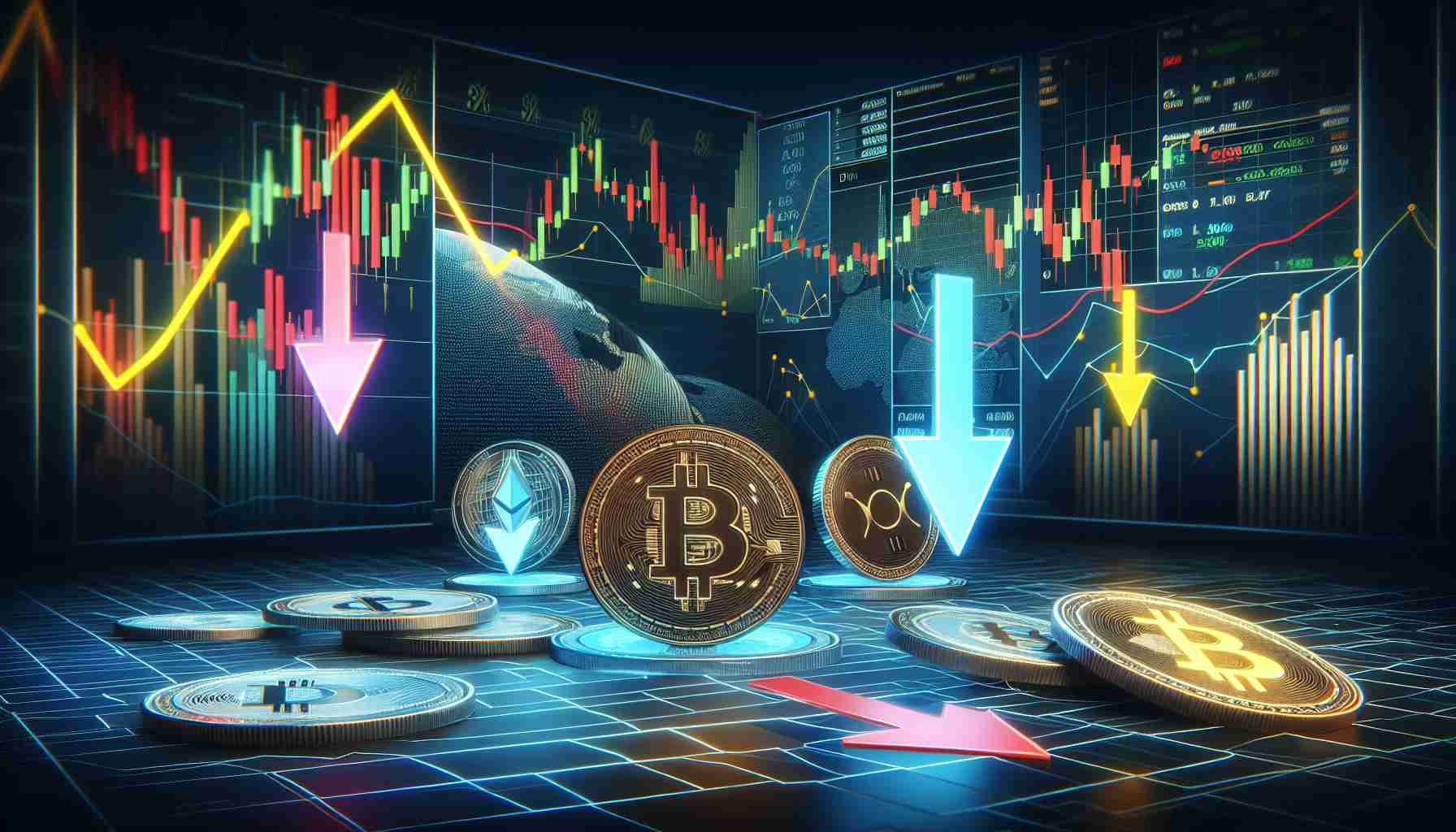 A high-definition, realistic capture of a visual metaphor representing the concept of a cryptocurrency market setback. Instead of digital coins as symbols of altcoins and DeFi tokens, envision downward-pointing arrows, with the charts and graphs in the background showing declining trends. The scene should be set on a dark background, with brightly colored lines and graphs describing the market movement.