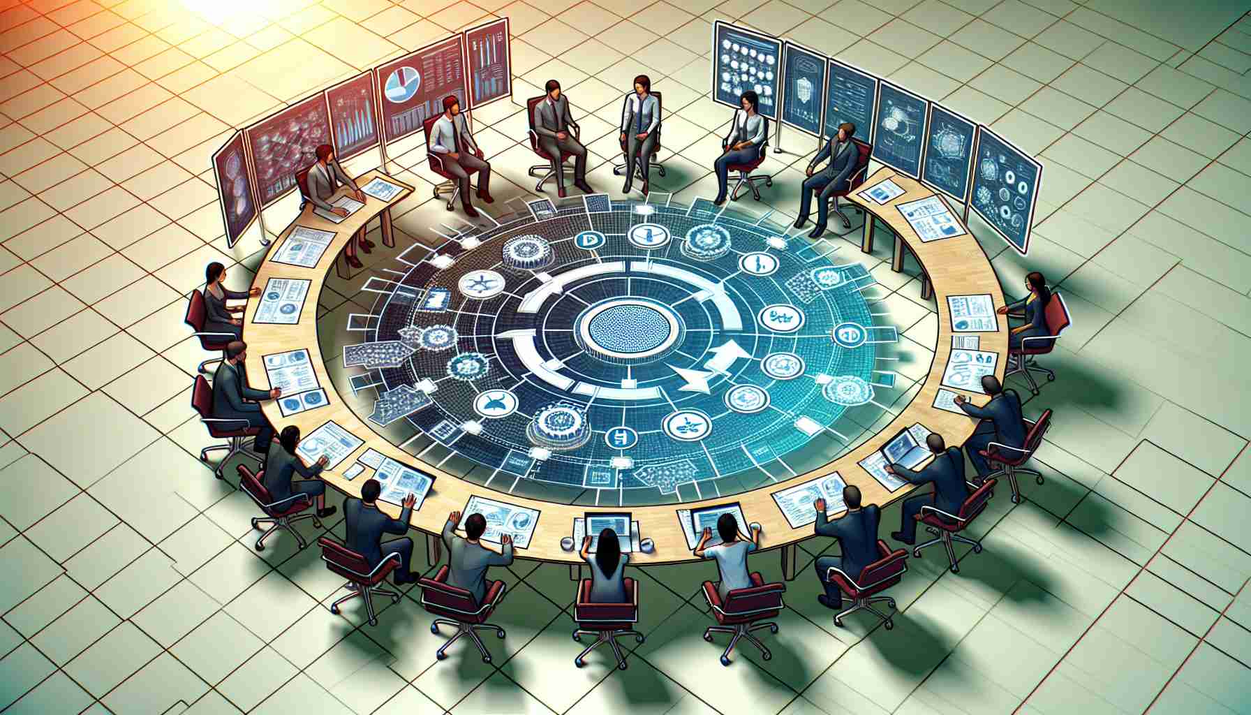 Generate a detailed, high-definition illustration of a software and technology debate taking place. In the debate, two groups of people are discussing differing solutions for scaling blockchains. One group is advocating for Layer-1 solutions while the other group is supporting Layer-2 solutions. To represent this, the people can be displayed around a large circular table with diagrams, charts and figures representing blockchains and their scaling solutions scattered on the tabletop. Use a realistic style for this imagery.