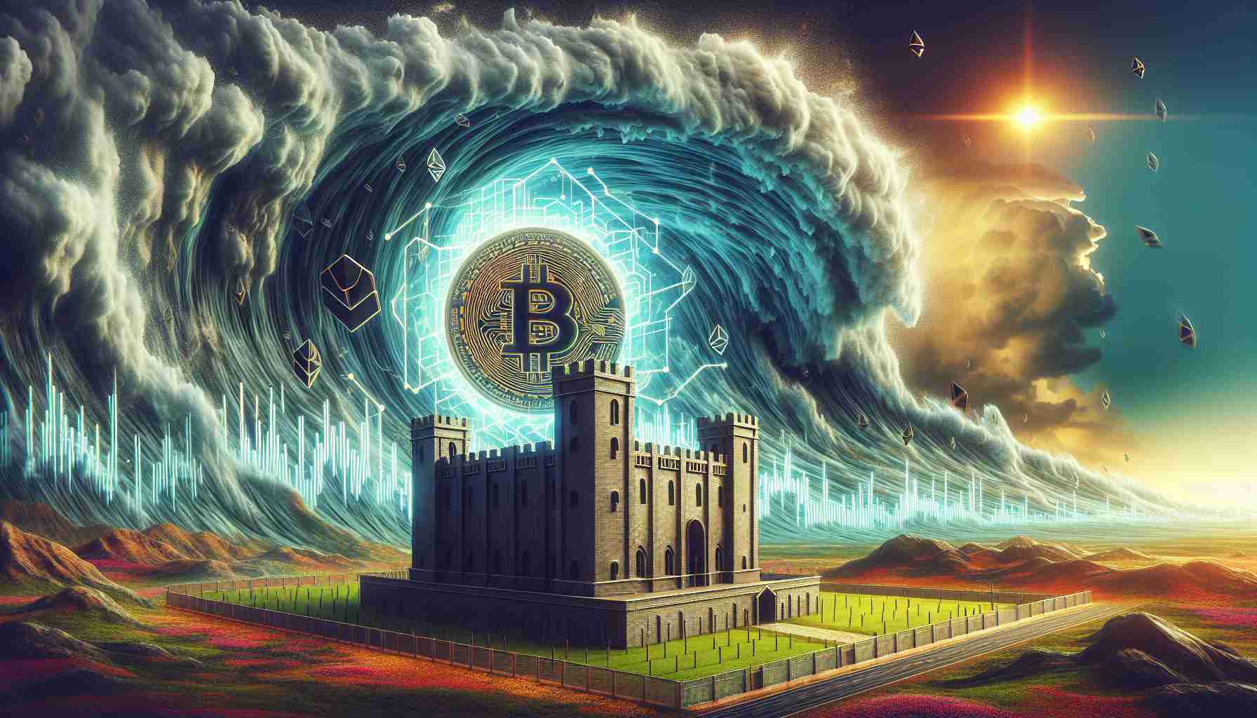 An HD image embodying the concept of resilience in the financial market, represented by a large establishment's Bitcoin Trust, as the market anticipates the introduction of Ethereum ETFs. Picture it as a massive, fortified structure (symbolizing the Bitcoin Trust), unfazed by the winds of change, set against a backdrop of a dynamic, swirling market storm possibly indicating the upcoming Ethereum ETFs.