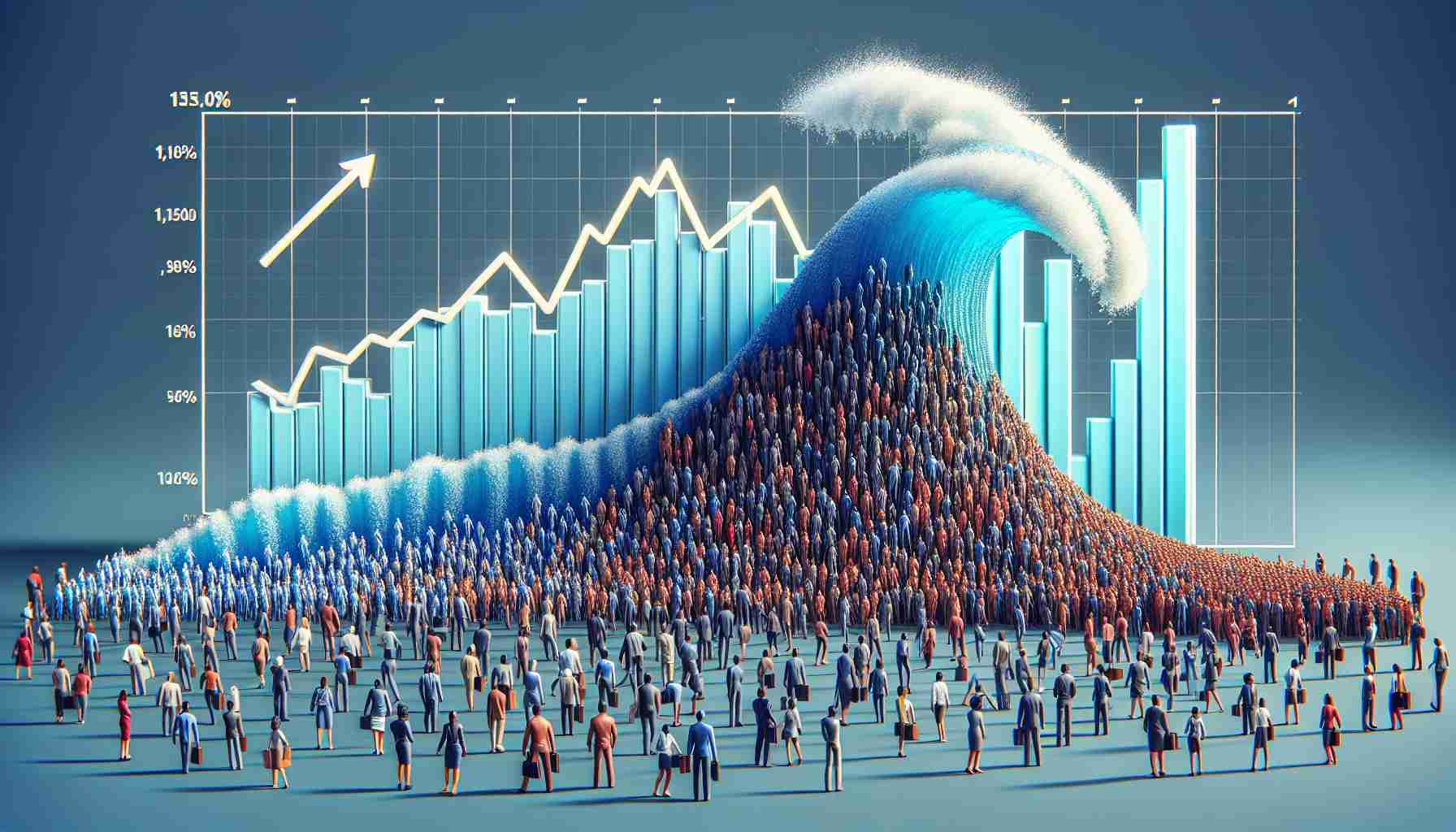 Create a high-definition 3D image illustrating the concept of 'Surge in Monthly Users Despite Transaction Dip.' For 'surge,' visualize a wave rising high, a metaphor for an increase in users. This wave can consist of numerous human figures, representing different users: some can be Caucasian women in business attire, Black men in casual clothes, South Asian men in tech professional attires, and Middle-Eastern women in academic gowns. Include a variety of ages and body types to represent diversity. In contrast, 'dip' could be represented as a downward arrow on a bar graph near the wave, indicative of the decrease in transactions.