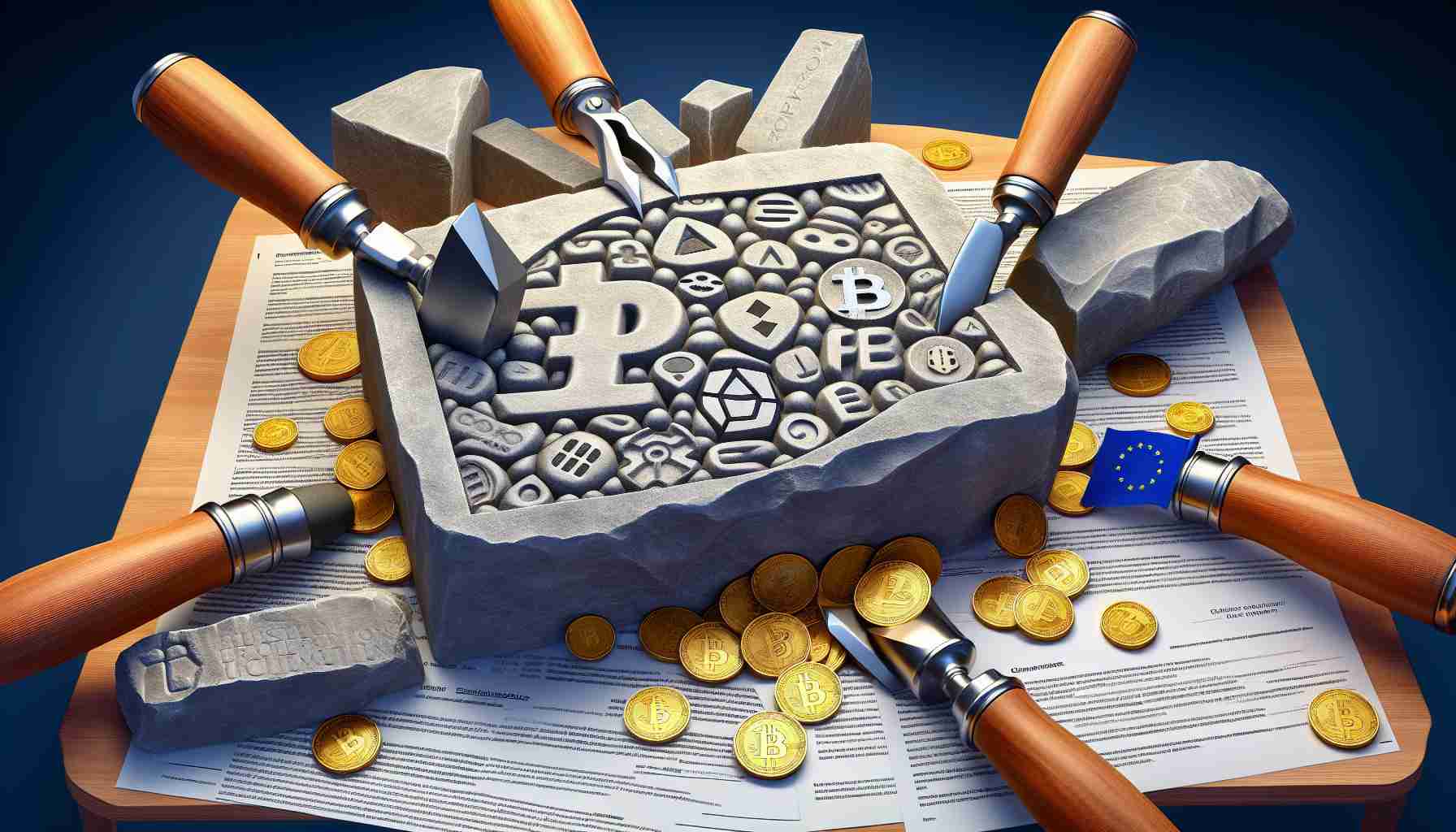 Create a vivid, high-definition picture symbolizing the impact of the latest European regulations on the stablecoin landscape. The image should display a large, smoothly carved stone block inscribed with cryptocurrency symbols, like Bitcoin, Ethereum, Dogecoin, etc., being gradually chiseled and reshaped by a set of oversized, polished bronze tools. The tools should appear to be emerging from an array of official legal documents adorned with the European Union flag. The scene should visually illustrate the transformation and regulation of the digital asset market.