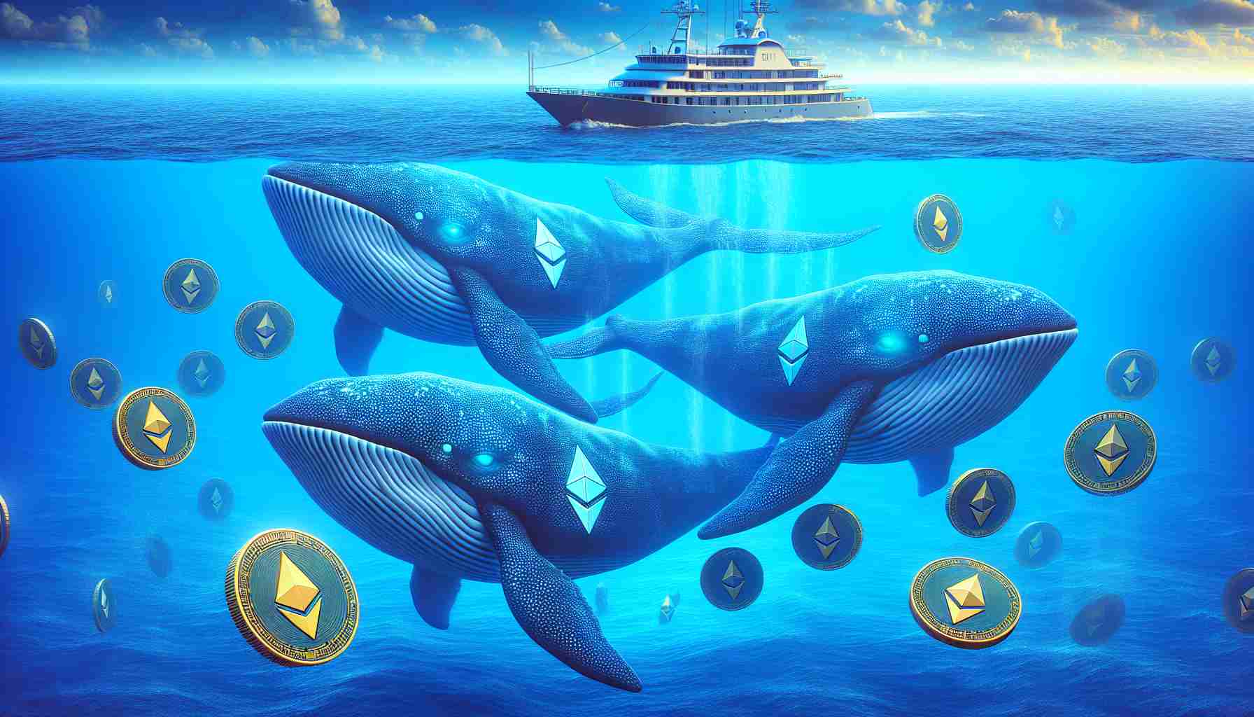 A realistic high-definition image illustrating the metaphorical concept: 'Ethereum Whales Reach Record Holdings While Exchange Wallets Shrink'. In the foreground, depict large, majestic whales with the Ethereum logo incorporated into their bodies, swimming in a vast deep-blue ocean. These whales represent the 'Ethereum Whales' and are holding large amounts of Ethereum coins. In the background, show a yacht representing an 'Exchange', getting smaller, signaling a reduction in its holdings. Ensure that the currency symbol 'ETH' is prominently displayed.