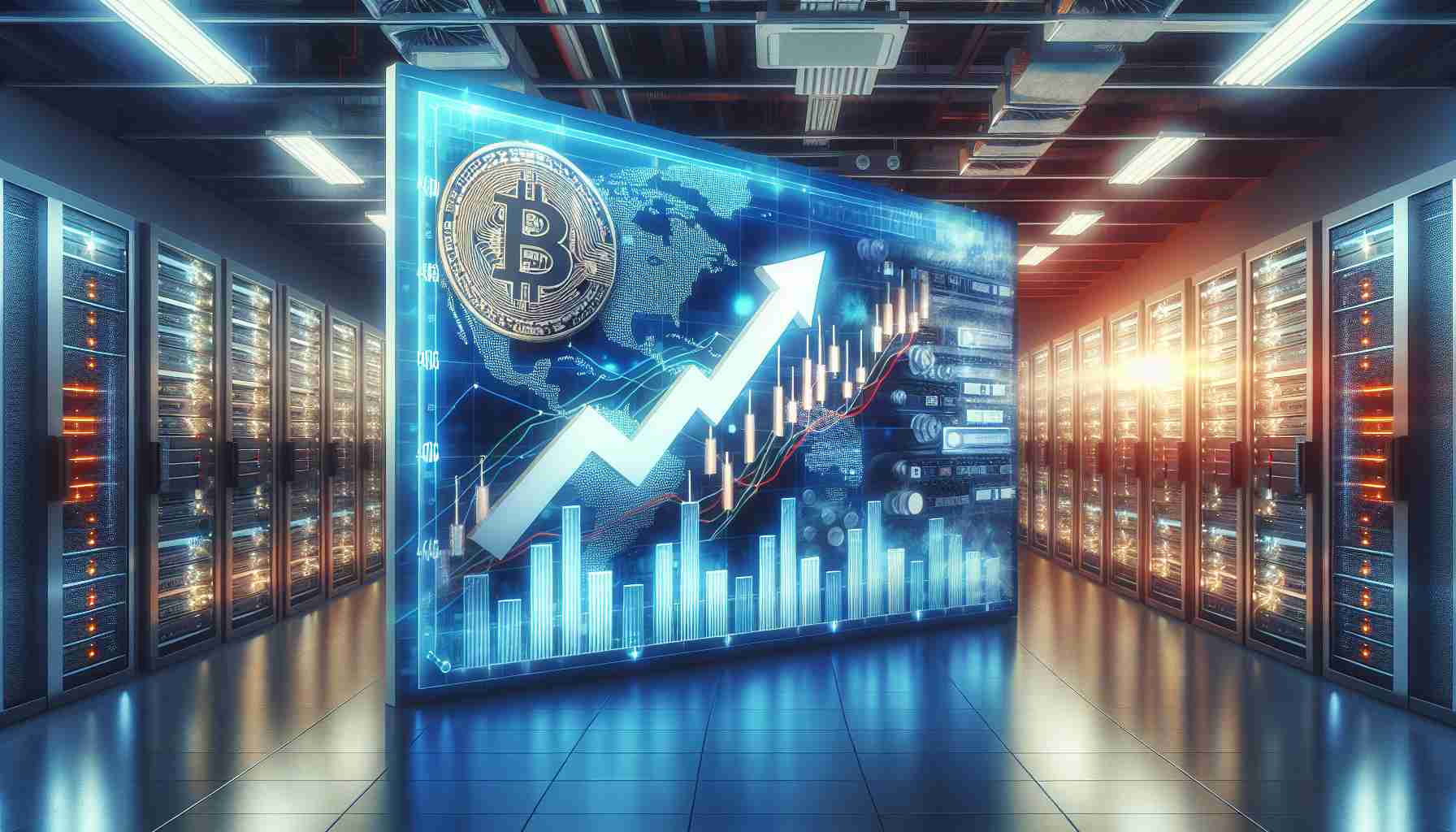 A realistic HD photo of a symbolic visualization representing the market capitalization boost in U.S. bitcoin mining companies despite challenges. This could involve graphics or charts displaying an uptrend, nestled within a backdrop of typical mining company infrastructure such as server racks, computers and other technology. The ambiance of the picture should reflect the digital and innovative nature of bitcoin mining operations.