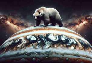 A high-definition, realistic portrayal of the planet Jupiter's surface with atmospheric patterns and stormy belts. Superimposed on this backdrop, there's a distinctively bear-shaped pattern, symbolising a market trend moving towards bearish territory. The bear appears to be emerging from the swirling storms of Jupiter, coalescing into form, representing the shift in the asset's trend.