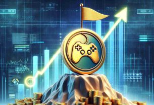 Realistic HD illustration of a metaphorical representation where a gaming-themed cryptocurrency, named 'Notcoin', represented as a golden token with the symbol of a game controller, is progressively climbing a graph symbolizing its market rank. The graph is depicted as a mountain with a flag on the top, showcasing the ultimate goal. The background is composed of digital elements, complementing the tech savvy theme of the image. Representation should carry overtones of excitement and the allure of potential success in the world of cryptocurrency.