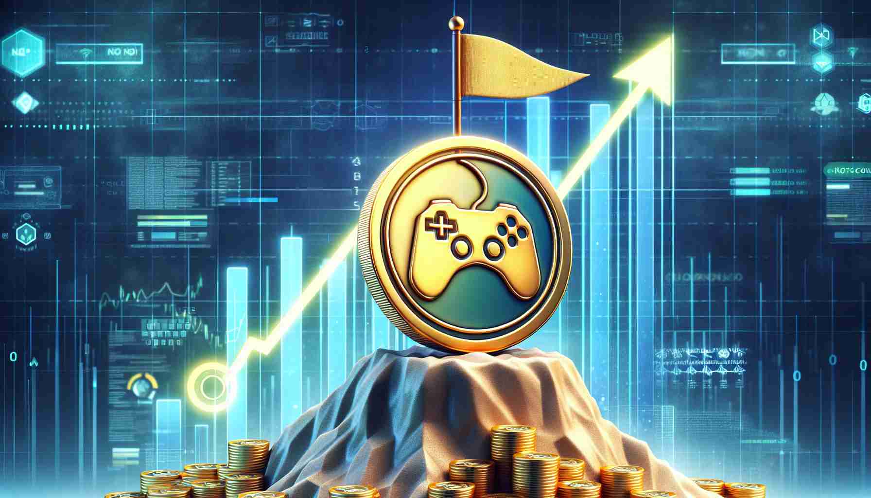 Realistic HD illustration of a metaphorical representation where a gaming-themed cryptocurrency, named 'Notcoin', represented as a golden token with the symbol of a game controller, is progressively climbing a graph symbolizing its market rank. The graph is depicted as a mountain with a flag on the top, showcasing the ultimate goal. The background is composed of digital elements, complementing the tech savvy theme of the image. Representation should carry overtones of excitement and the allure of potential success in the world of cryptocurrency.