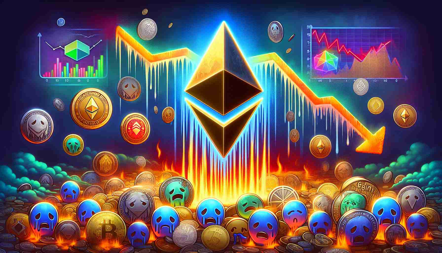 An image in high resolution showing the concept of decreased excitement for Ethereum ETF in the light of the divergence in altcoin and meme coin markets. The image should depict symbolic representations of Ethereum, perhaps a large 'ETH' emblem fading or losing its shine, surrounded by various other tokens representing the diversity of the altcoin and meme coin markets which are depicted vibrant and gleaming. Additional elements could include down-trending graphs and disappointed faces, all encapsulating the sense of diminished enthusiasm for Ethereum ETF.