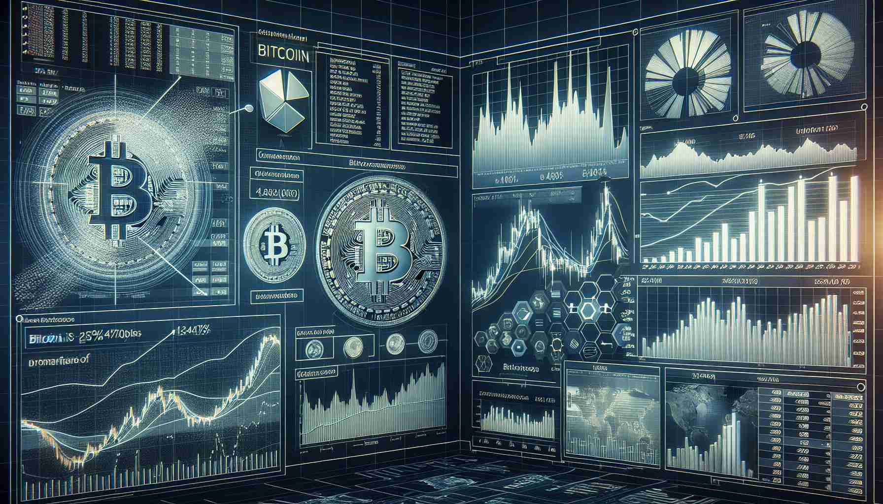 A detailed image showing the analysis of Bitcoin's investment potential. Include graphical illustrations such as line graphs, bar charts, pie charts and scatter plots prominently displaying recent trends in the Bitcoin market. There should be a comparison graph showing ups and downs of Bitcoin value, a whiteboard with complex financial calculations or predictions to indicate in-depth analysis, and a computer screen with live trading data for an immersive look into the current Bitcoin market scenario. The image should appear as a high-definition, realistic rendering to provide an accurate depiction of current cryptocurrency trends.