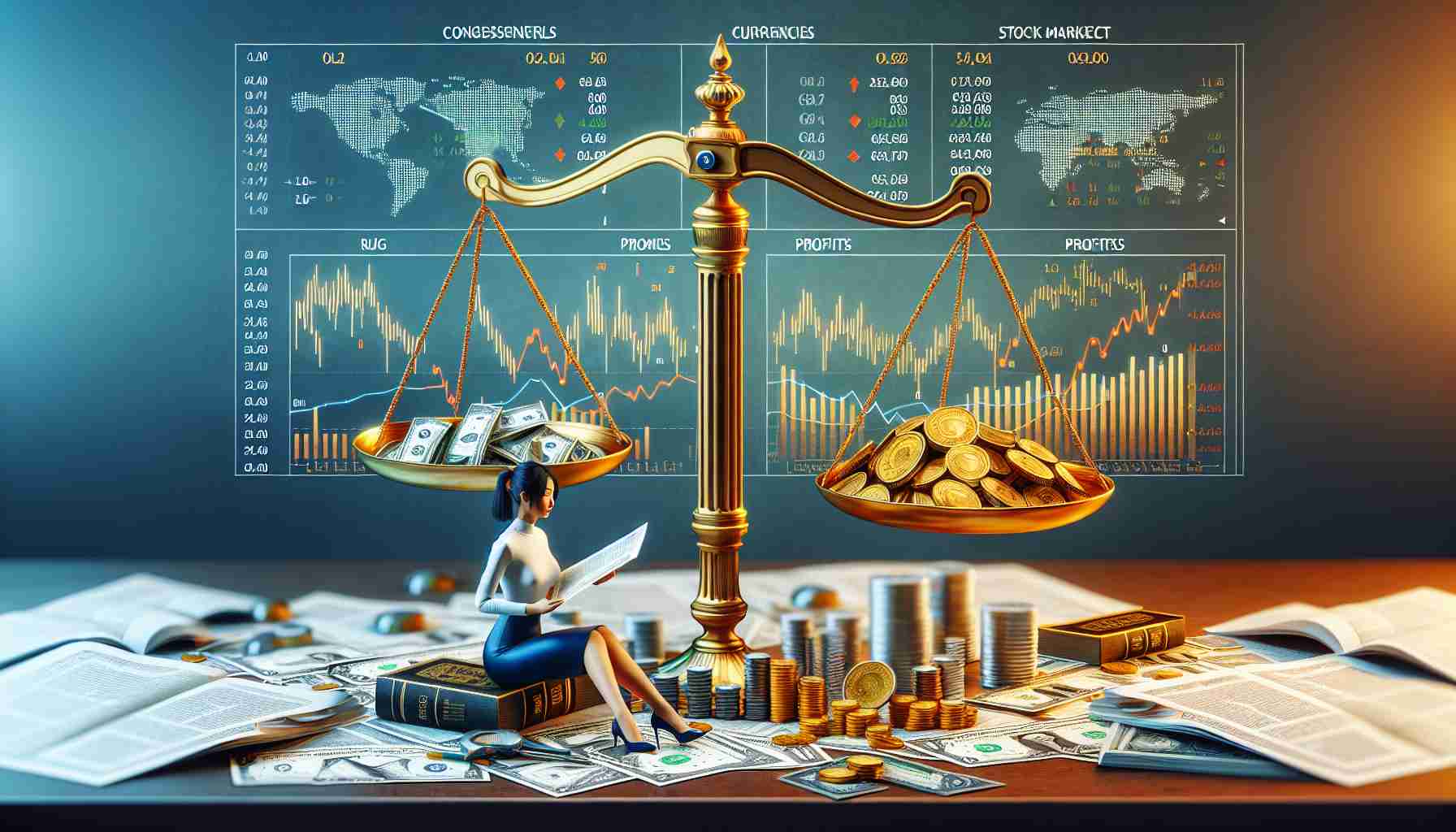 A detailed and realistic high-definition illustration of a conceptual scene. Things should include a balance scale symbolizing a comparison, specific congressional stock picks represented through various stock market charts and diagrams laid on a table. On one side of the scale, place world currencies, while on the other, graphically represent profits, maybe in the form of gold bars or coins. An investor character, of East Asian descent and female, is studying these elements, her facial expression eager and focused. The idea is to symbolize the profitability of investment decisions based on Congressional stock picks.